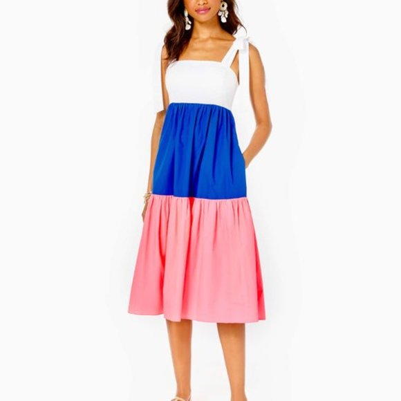 Lilly Pulitzer Anlee Midi Dress Blue Lillys Coral Colorblock - Picture 5 of 13